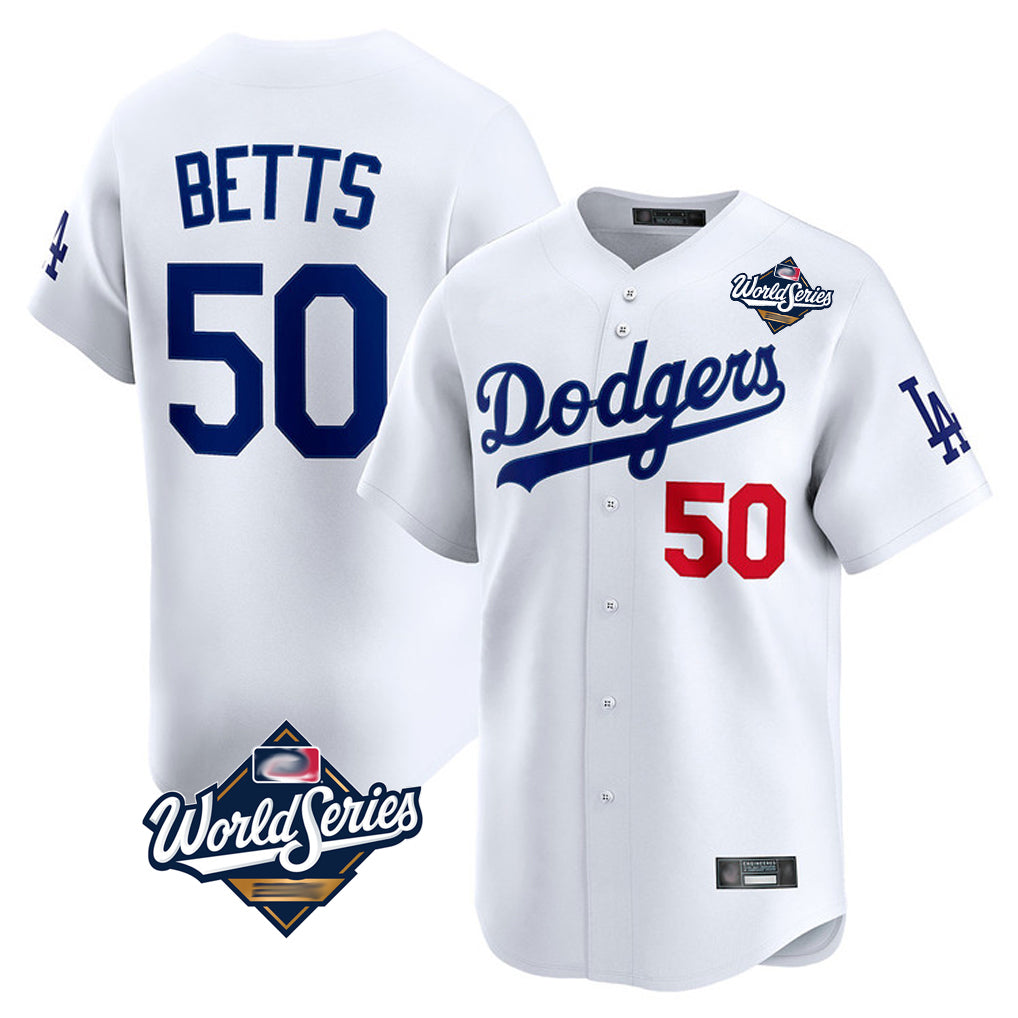STECN LA.Dodgers #50 Mookie Betts Player White World Series Limited Home Stitched Jerseys