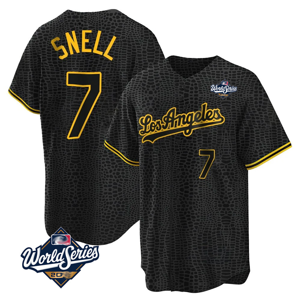 STECN LA.Dodgers #7 Blake Snell Player Black Snake Skin City Game Home World Series Stitched Jerseys
