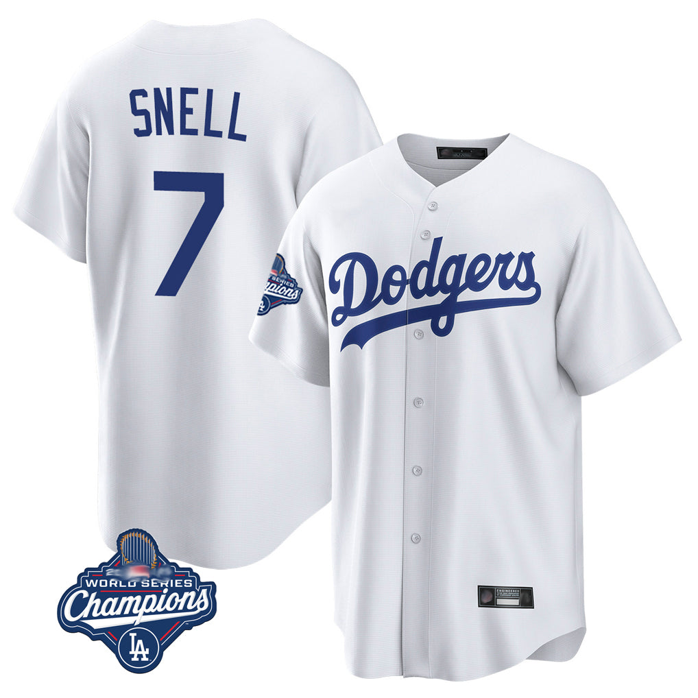 STECN LA.Dodgers #7 Blake Snell Player White Game World Series Meet Stitched Jerseys