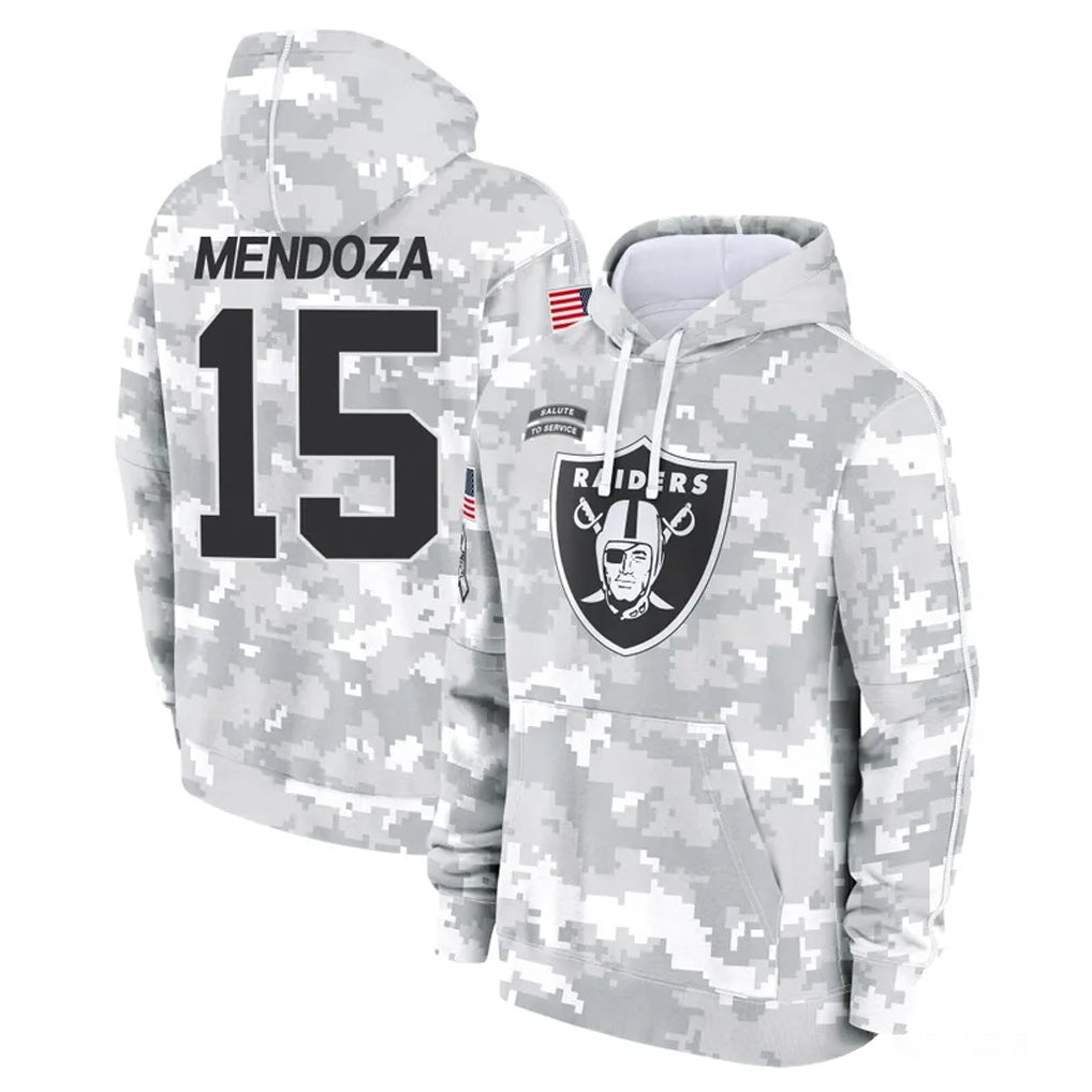 STECN LV.Raiders #15 Fernando Mendoza Player Arctic Camo Salute to Service Hoodies Limited Game Stitched Jerseys