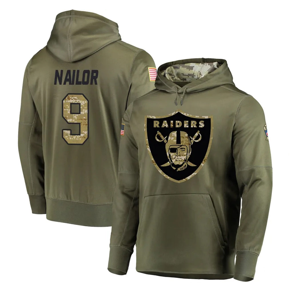 STECN LV.Raiders #9 Jalen Nailor Player Olive Salute to Service Pullover Hoodies Home Game Stitched Jerseys