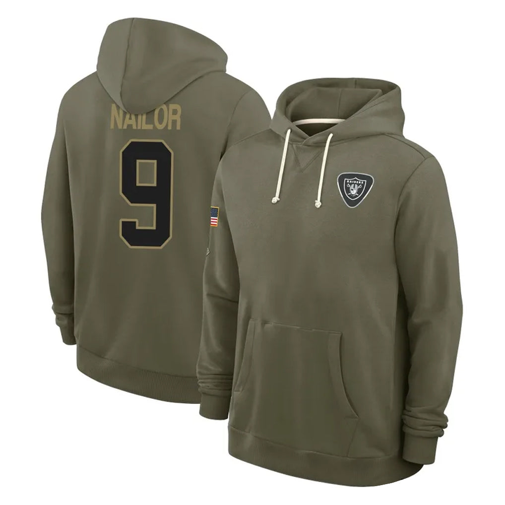 STECN LV.Raiders #9 Jalen Nailor Player Olive Salute to Service Pullover Hoodies Limited Stitched Jerseys