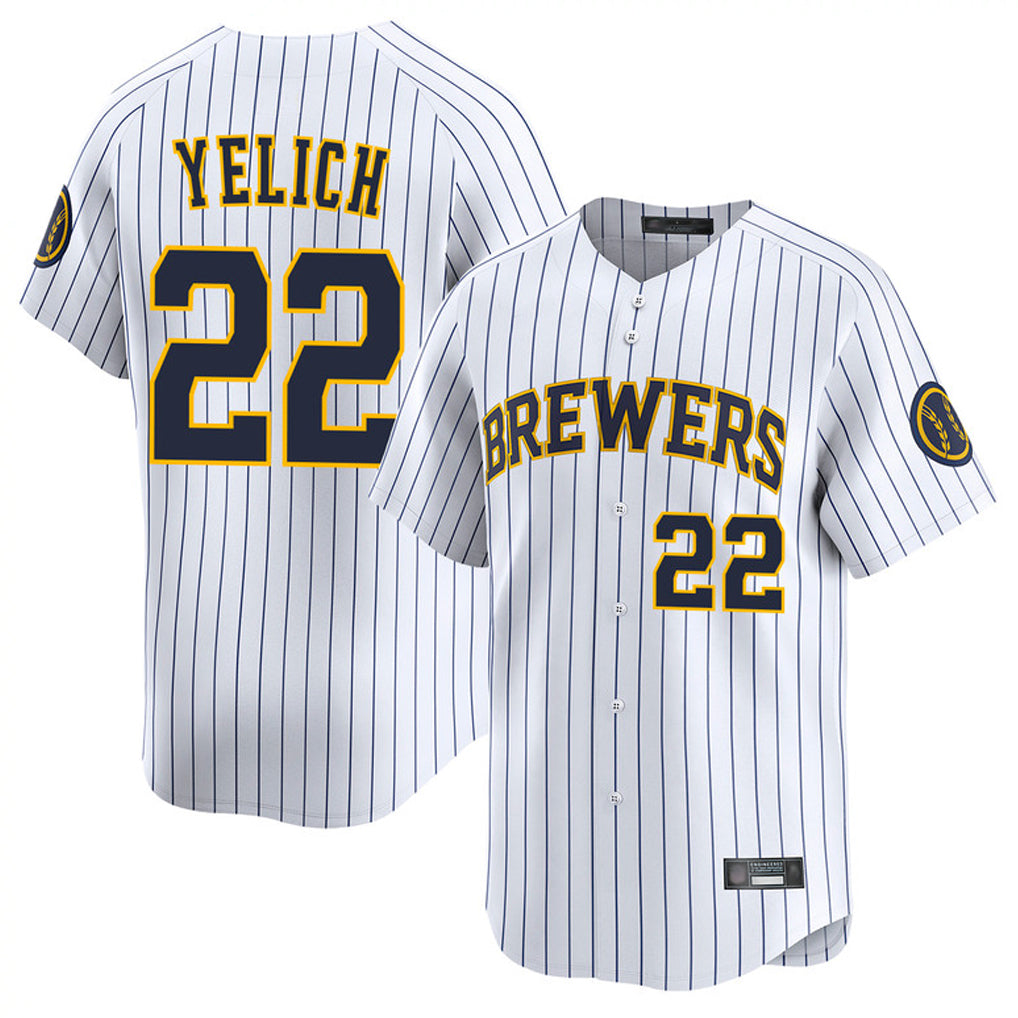 STECN M.Brewers #22 Christian Yelich Player White Stripes Home Limited Game Stitched Jerseys