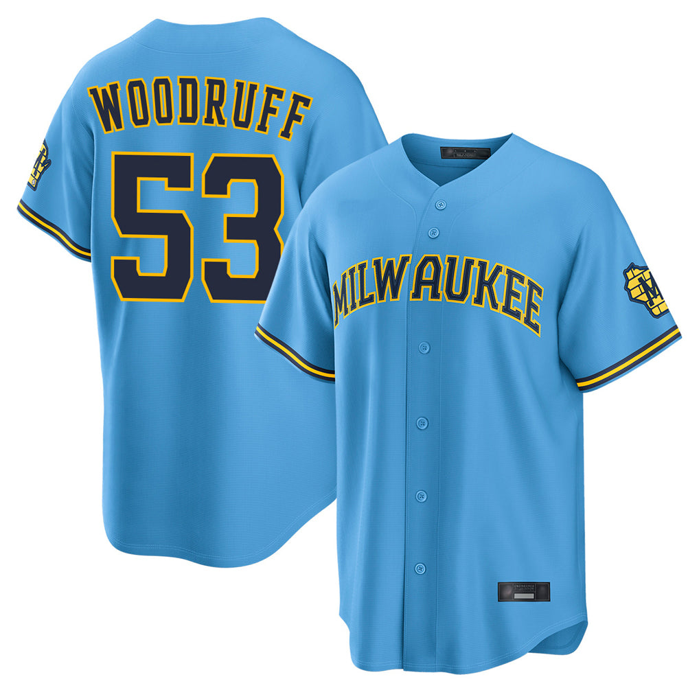 STECN M.Brewers #53 Brandon Woodruff Player Light Blue Road Stadium Game Stitched Jerseys