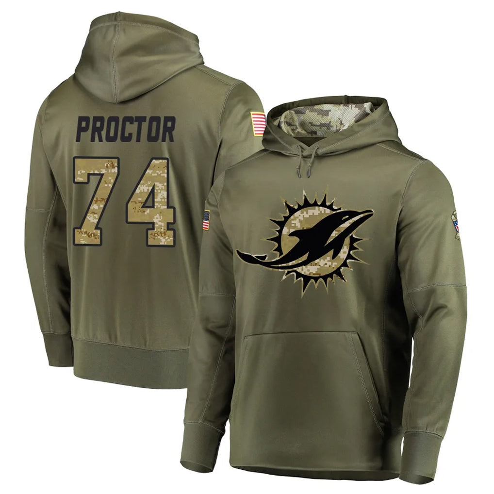 STECN M.Dolphins #74 Kadyn Proctor Player Olive Salute to Service Pullover Hoodies Home Game Stitched Jerseys
