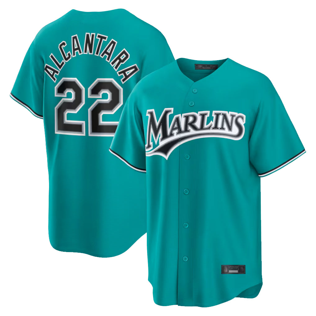 STECN M.Marlins #22 Sandy Alcantara Player Teal  Home Game Stitched Jerseys