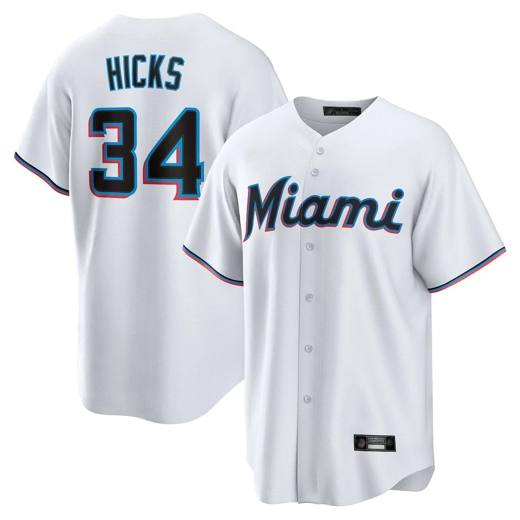 STECN M.Marlins #34 Liam Hicks Player White  Home Game Stitched Jerseys