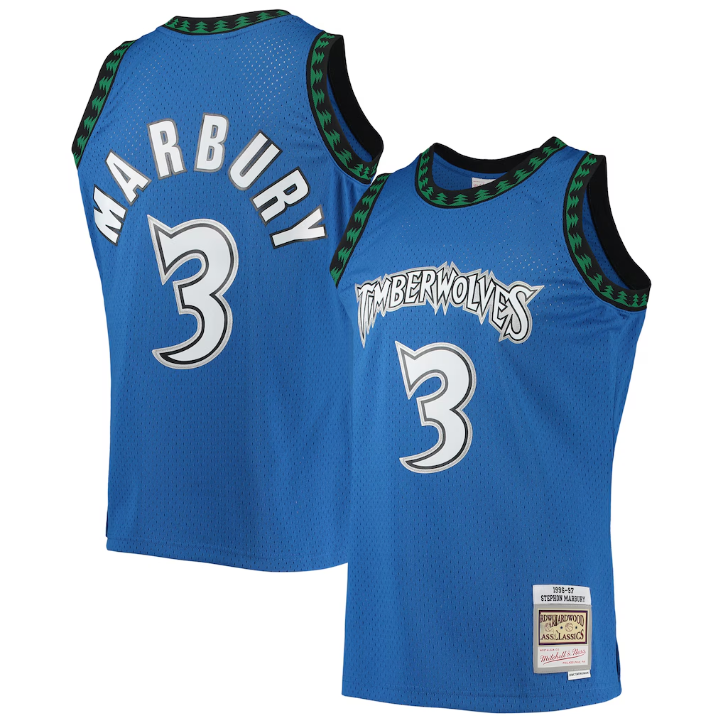 STECN M.Timberwolves #3 Stephon Marbury Mitchell & Ness Blue 1996-1997 Hardwood Classics Swingman Stitched Jerseys