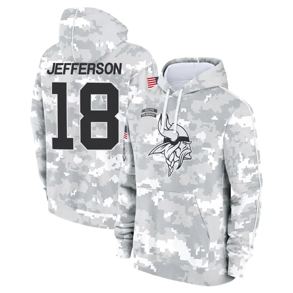 STECN MN.Vikings #18 Justin Jefferson Player Arctic Camo Salute to Service Pullover Hoodies Limited Game Stitched Jerseys