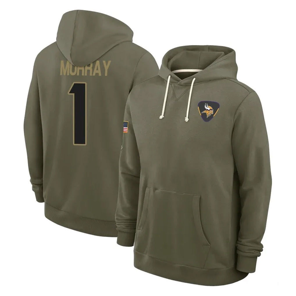 STECN MN.Vikings #1 Kyler Murray Player Olive Salute to Service Pullover Hoodies Limited Stitched Jerseys