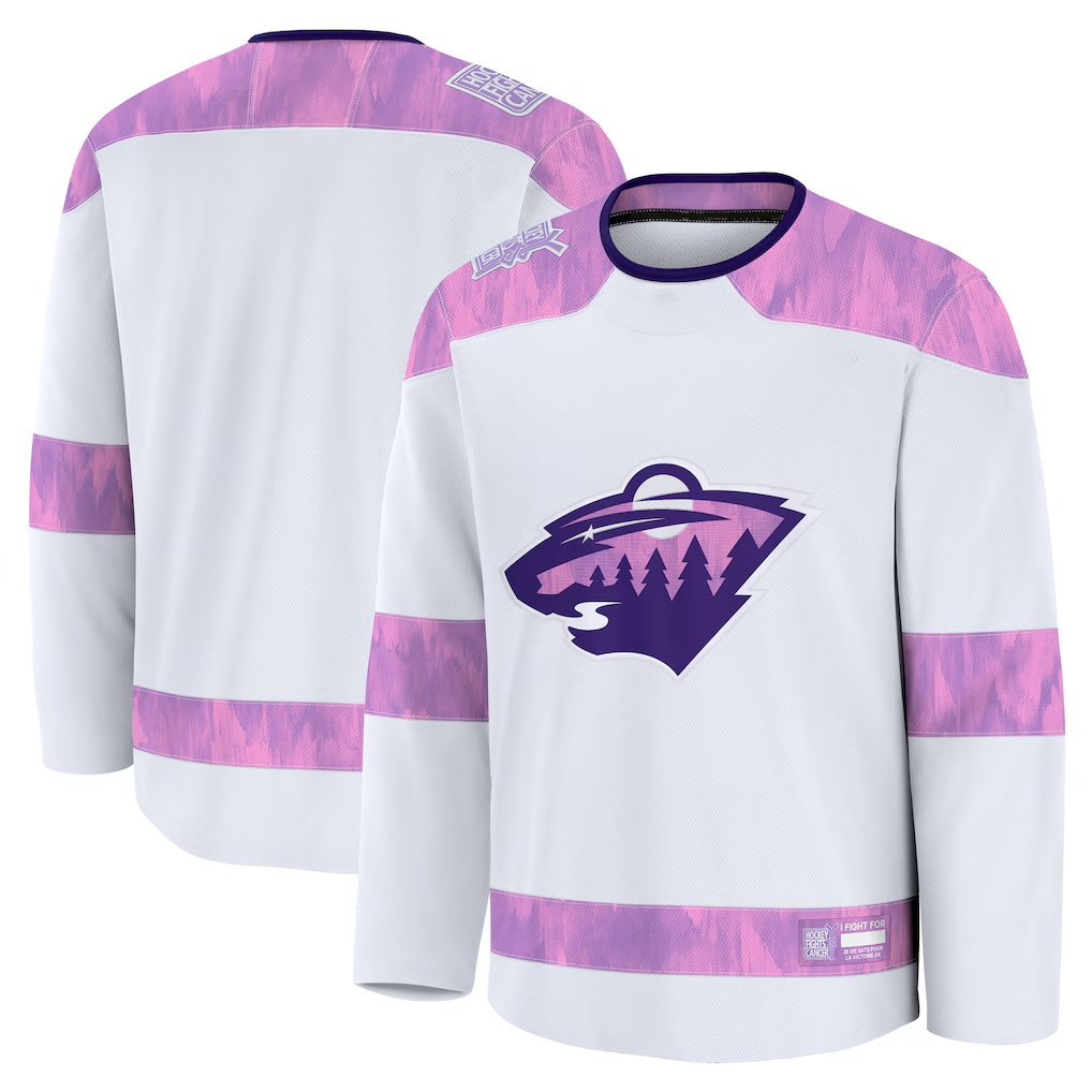 STECN M.Wild White 2024 Hockey Fights Cancer Practice Jerseys