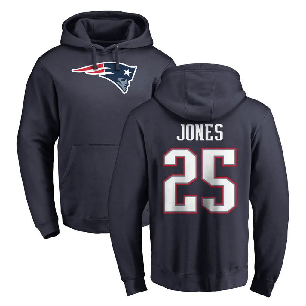 STECN NE.Patriots #25 Marcus Jones Player Navy LOGO Pullover Hoodies Home Game Stitched Jerseys