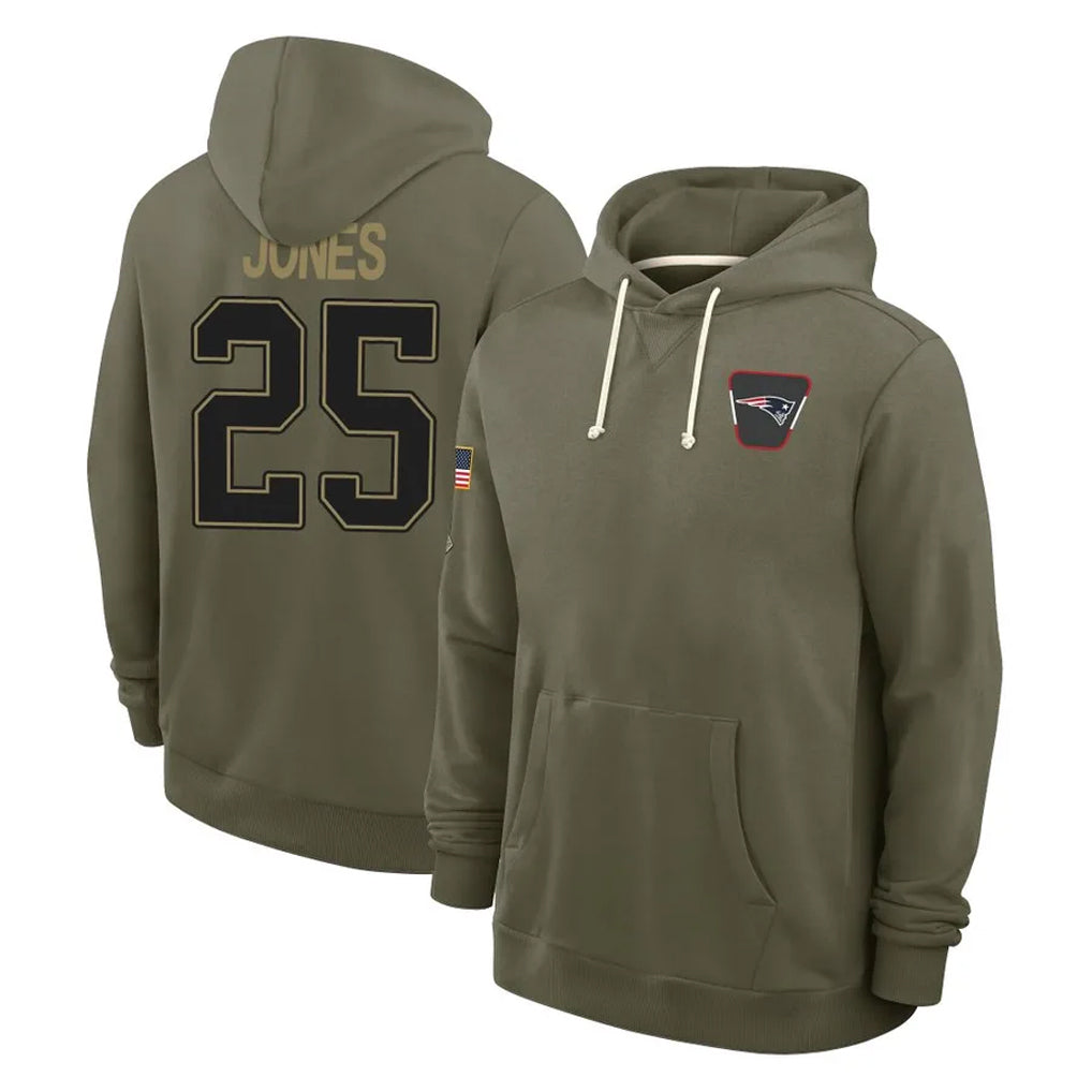STECN NE.Patriots #25 Marcus Jones Player Olive Salute to Service Pullover Hoodies Limited Stitched Jerseys