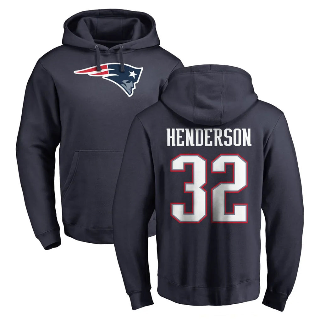 STECN NE.Patriots #32 TreVeyon Henderson Player Navy LOGO Pullover Hoodies Home Game Stitched Jerseys