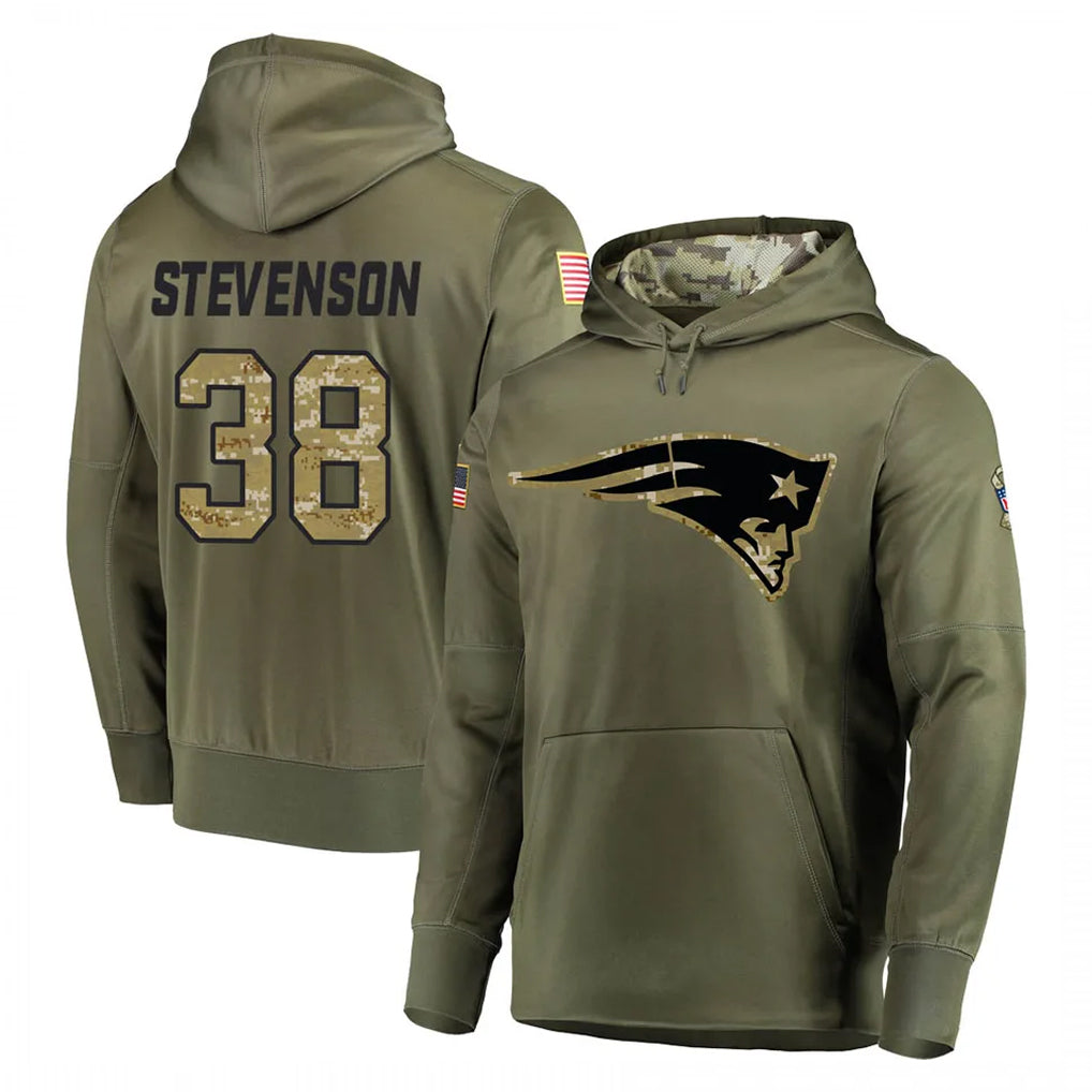STECN NE.Patriots #38 Rhamondre Stevenson Player Olive Salute to Service Pullover Hoodies Home Game Stitched Jerseys