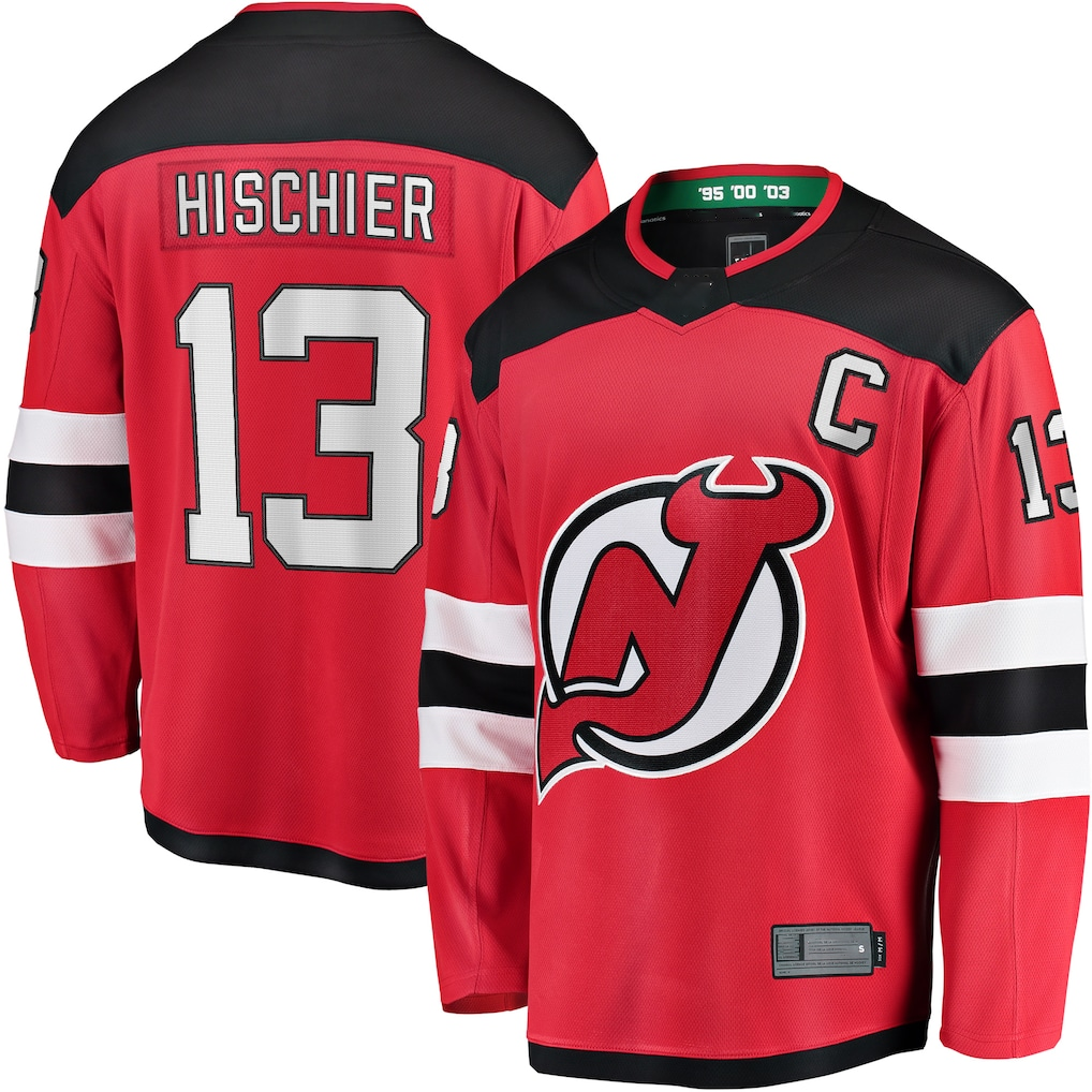 STECN N.Jersey Devils #13 Nico Hischier Red Captain Patch Home Breakaway Jerseys