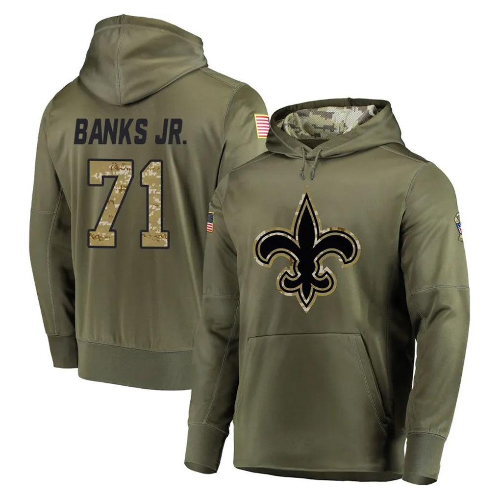 STECN NO.Saints #71 Kelvin Banks Jr. Player Olive Salute to Service Pullover Hoodies Home Game Stitched Jerseys