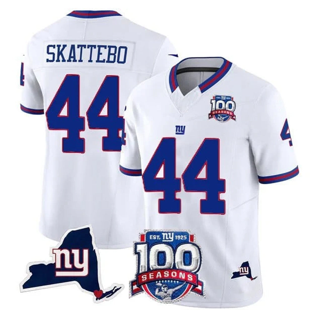STECN NY.Giants #44 Cam Skattebo Player White 100th Season & State Patch Vapor Limited Home Game Stitched Jerseys