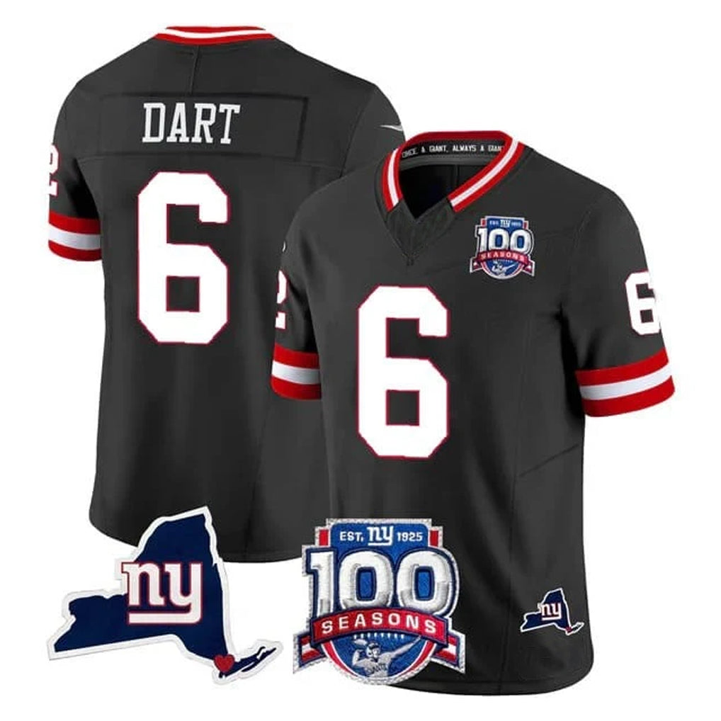 STECN NY.Giants #6 Jaxson Dart Player Black 100th Season & State Patch Vapor Limited Home Game Stitched Jerseys
