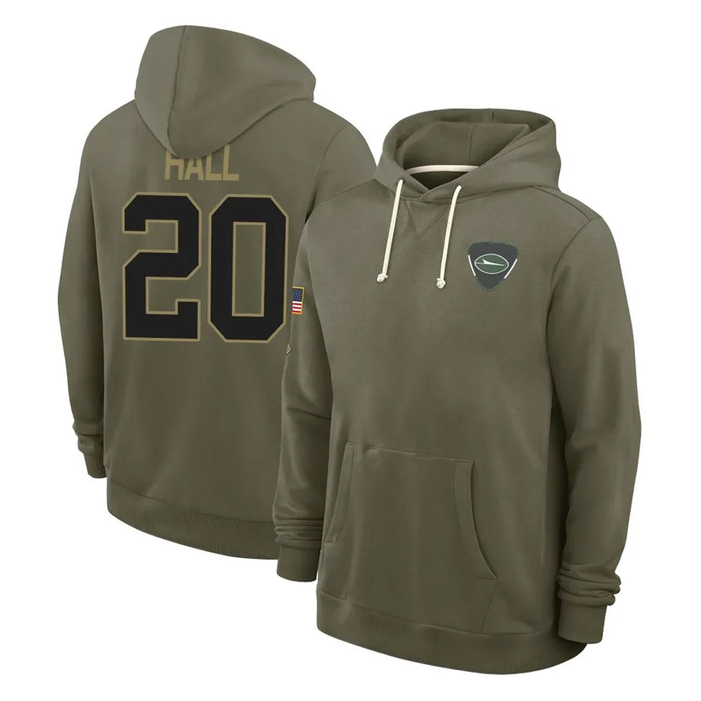 STECN NY.Jets #20 Breece Hall Player Olive Salute to Service Pullover Hoodies Limited Stitched Jerseys