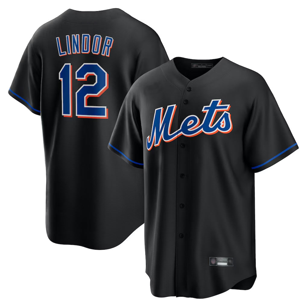 STECN NY.Mets #12 Francisco Lindor Player Black Replica Home Game Stitched Jerseys