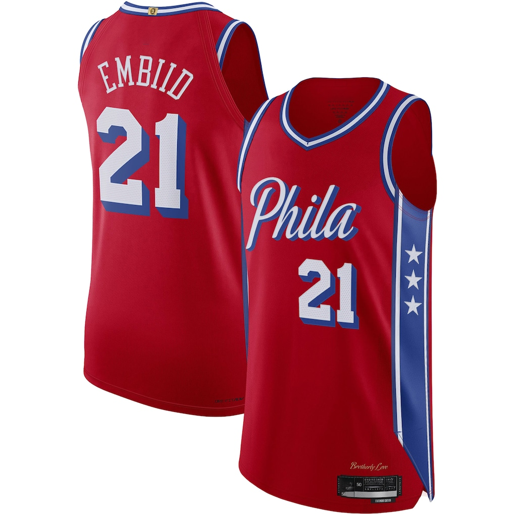 STECN P.76ers #21 Joel Embiid Jordan Brand Red Authentic Player Jerseys - Statement Edition