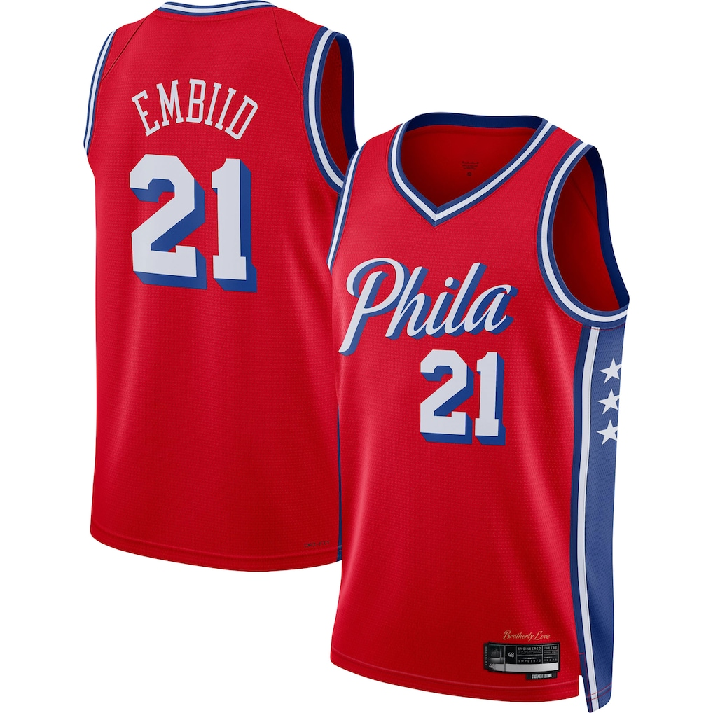 STECN P.76ers #21 Joel Embiid Jordan Brand Red Swingman Jerseys - Statement Edition