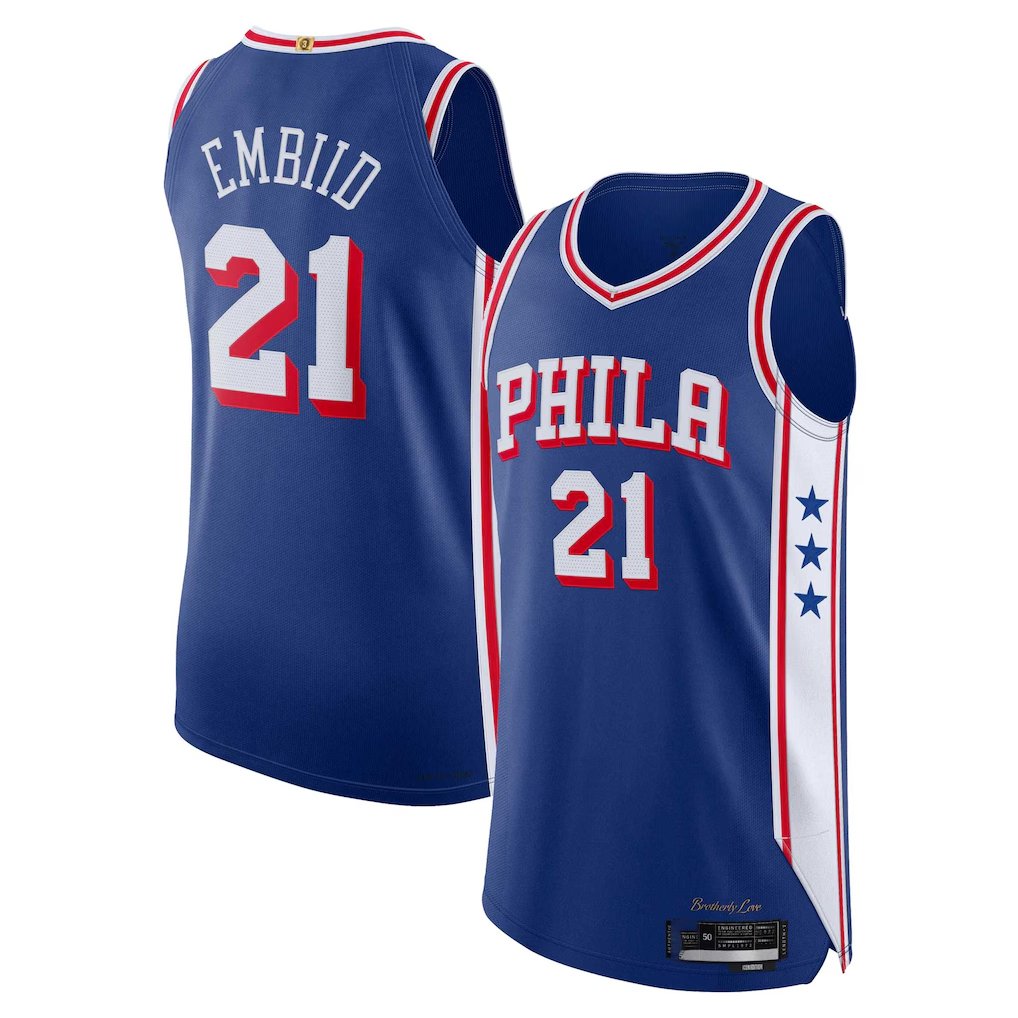 STECN P.76ers #21 Joel Embiid Royal Authentic Jerseys - Icon Edition