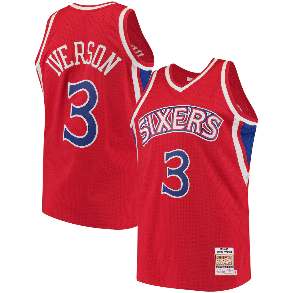 STECN P.76ers #3 Allen Iverson Mitchell & Ness Red 199697 Hardwood Classics Authentic Jerseys