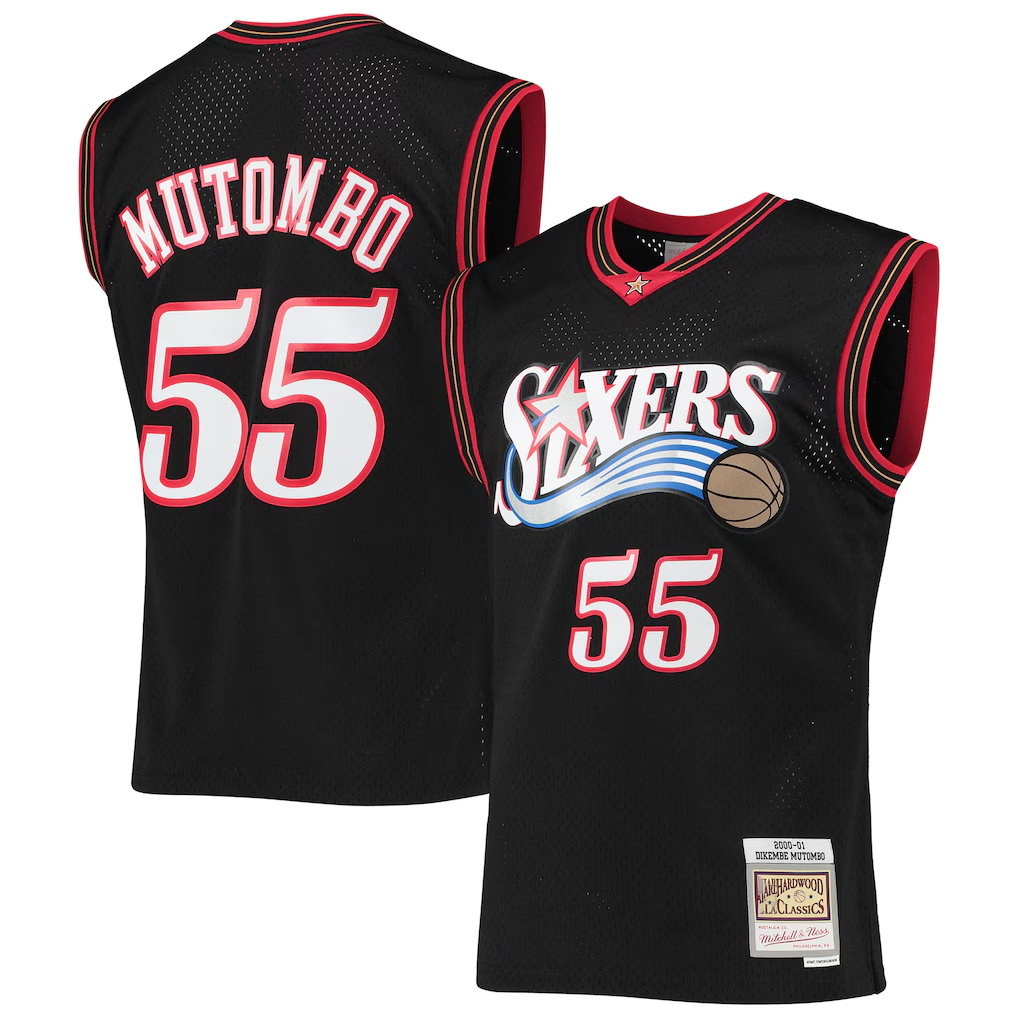 STECN P.76ers #55 Dikembe Mutombo Mitchell & Ness Black Hardwood Classics Swingman Jerseys