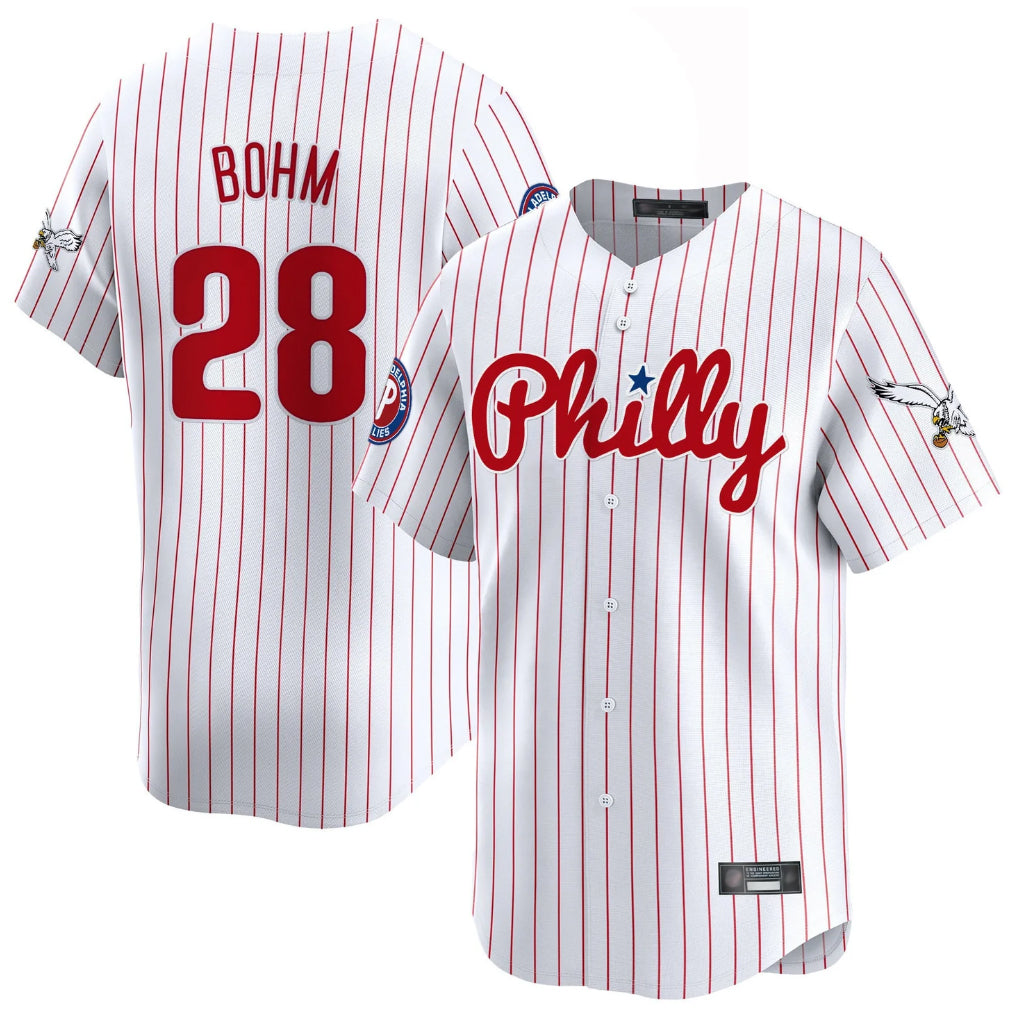 STECN P.Phillies #28 Alec Bohm Player White Pinstripe Phillies & Eagles Vapor Premier Limited Stitched Jerseys