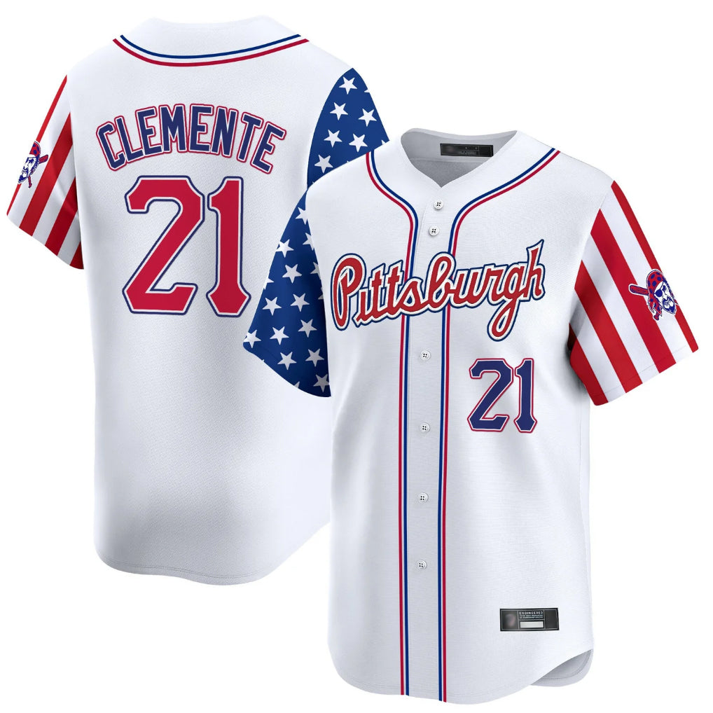 STECN P.Pirates #21 Roberto Clemente Player White 2025 Independence Day Vapor Premier Limited Stitched Jerseys