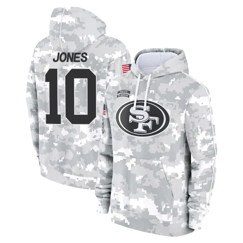 STECN SF.49ers #10 Mac Jones Player Arctic Camo Limited Salute to Service Pullover Hoodies Game Stitched Jerseys