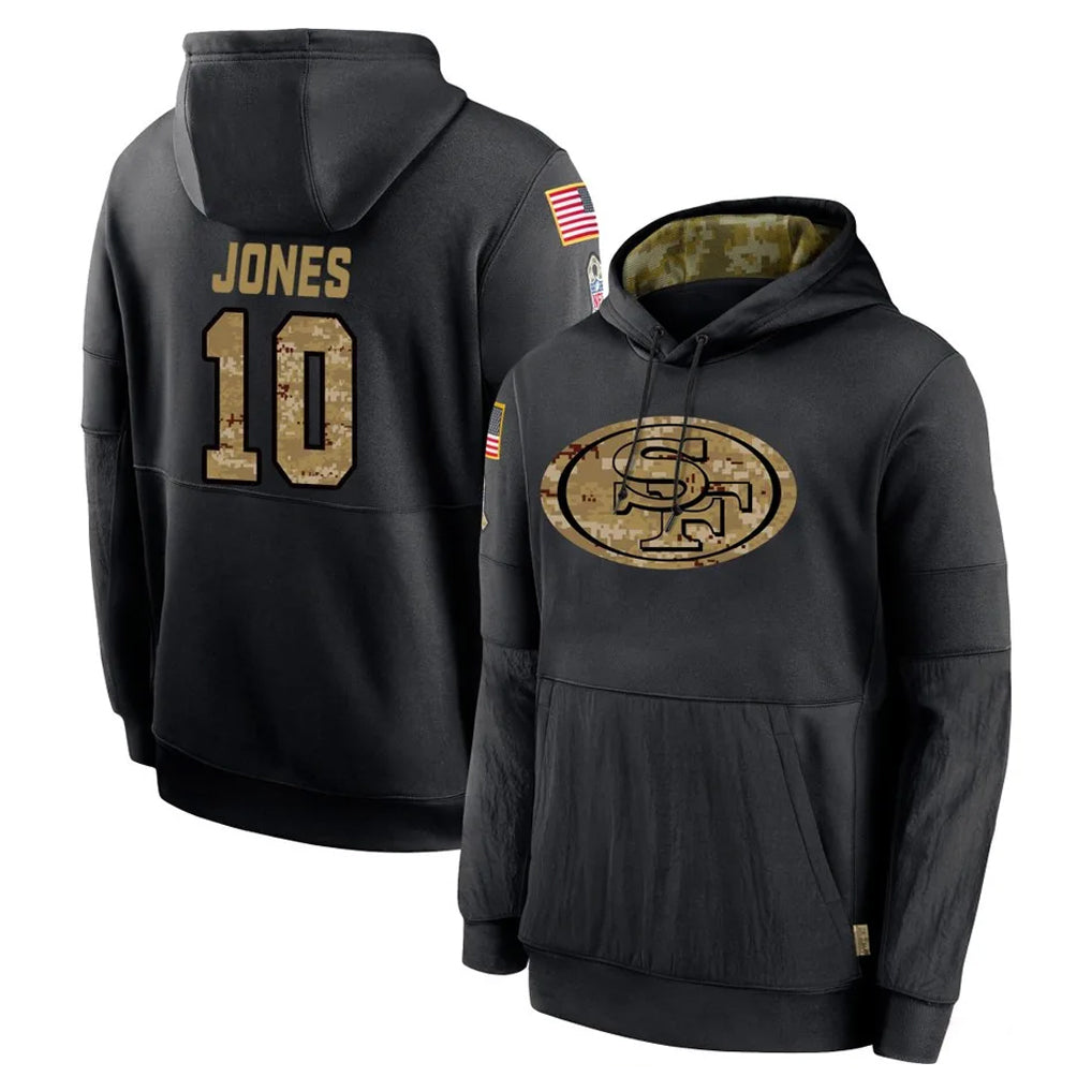 STECN SF.49ers #10 Mac Jones Player Black Salute to Service Sideline Performance Pullover Hoodies Home Game Stitched Jerseys