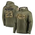 STECN SF.49ers #23 Christian McCaffrey Player Olive Salute to Service Pullover Hoodie Home Game Stitched Jerseys