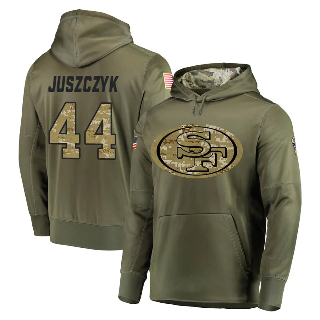 STECN SF.49ers #44 Kyle Juszczyk Player Olive Salute to Service Pullover Hoodie Home Game Stitched Jerseys