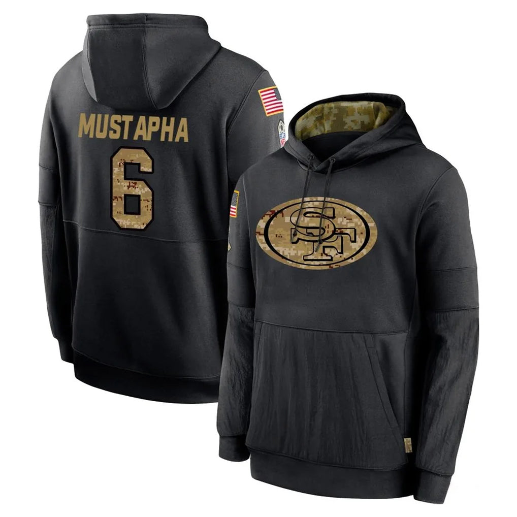 STECN SF.49ers #6 Malik Mustapha Player Black Salute to Service Sideline Performance Pullover Hoodies Home Game Stitched Jerseys