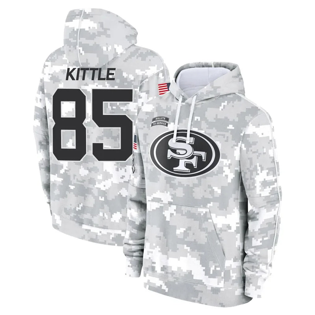 STECN SF.49ers #85 George Kittle Player Arctic Camo Salute to Service Hoodies Stitched Jerseys