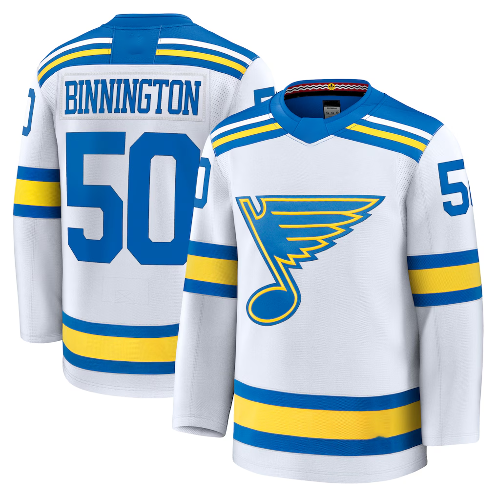 STECN St.L.Blues #50 Jordan Binnington White Away Premium Player Jerseys