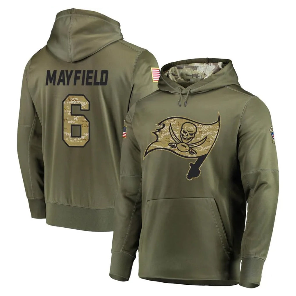 STECN TB.Buccaneers #6 Baker Mayfield Player Olive Salute to Service Pullover Hoodie Home Game Stitched Jerseys