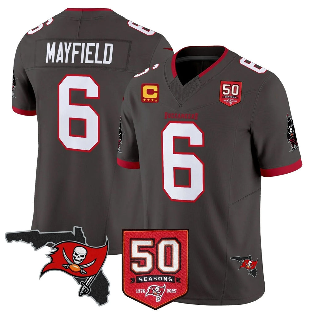 STECN TB.Buccaneers #6 Baker Mayfield Player Pewter 50th Season Vapor Limited Home Game Stitched Jerseys