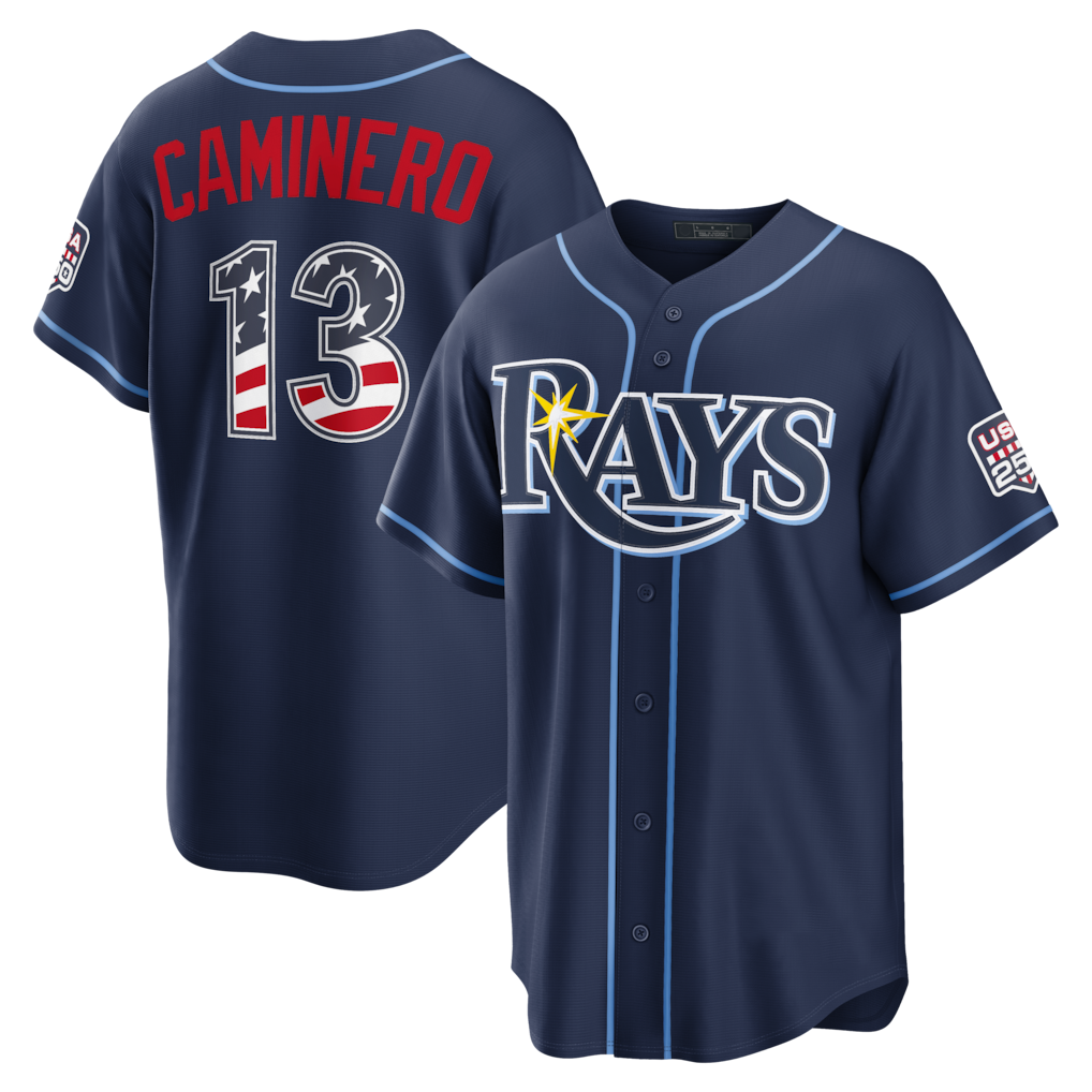 STECN TB.Rays #13 Junior Caminero Navy USA 250 Fourth of July Road Stadium Jersey
