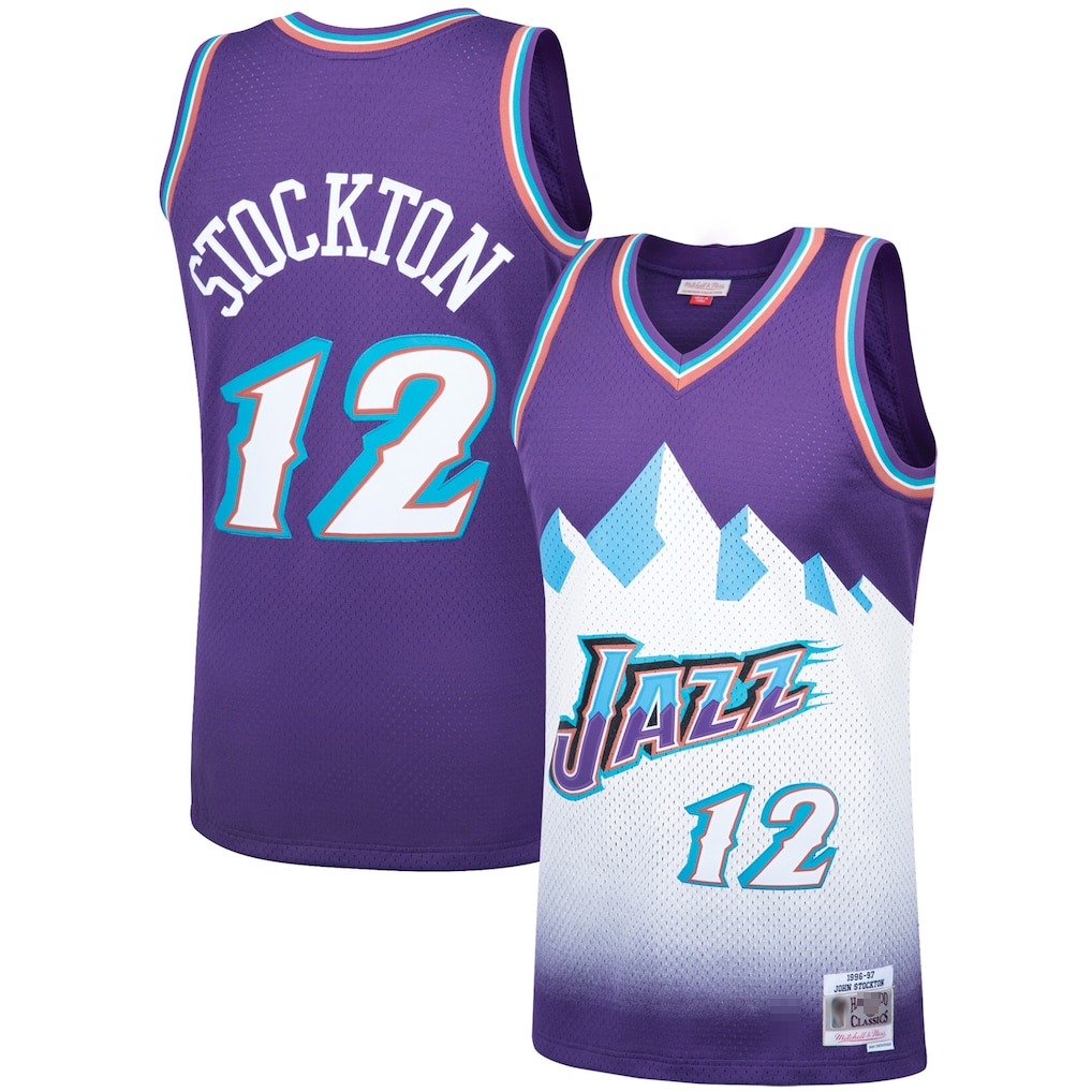 STECN U.Jazz #12 John Stockton Mitchell & Ness Purple Hardwood Classics Swingman Jerseys