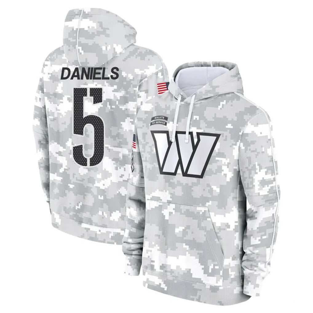STECN W.Commanders #5 Jayden Daniels Player Arctic Camo Limited Salute to Service Pullover Hoodies Game Stitched Jerseys