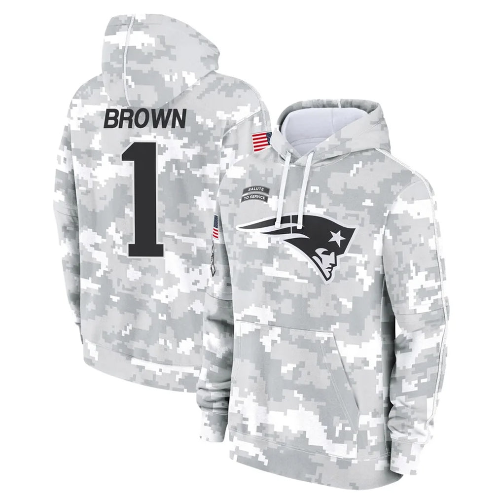 NE.Patriots #1 A.J. Brown Player Arctic Camo Salute to Service Pullover Hoodies Limited Game STECN Stitched Jerseys