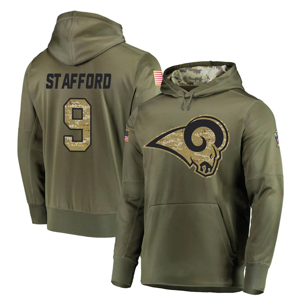 LA.Rams #9 Matthew Stafford Player Olive Salute to Service Pullover Hoodies Home Game STECN Stitched Jerseys
