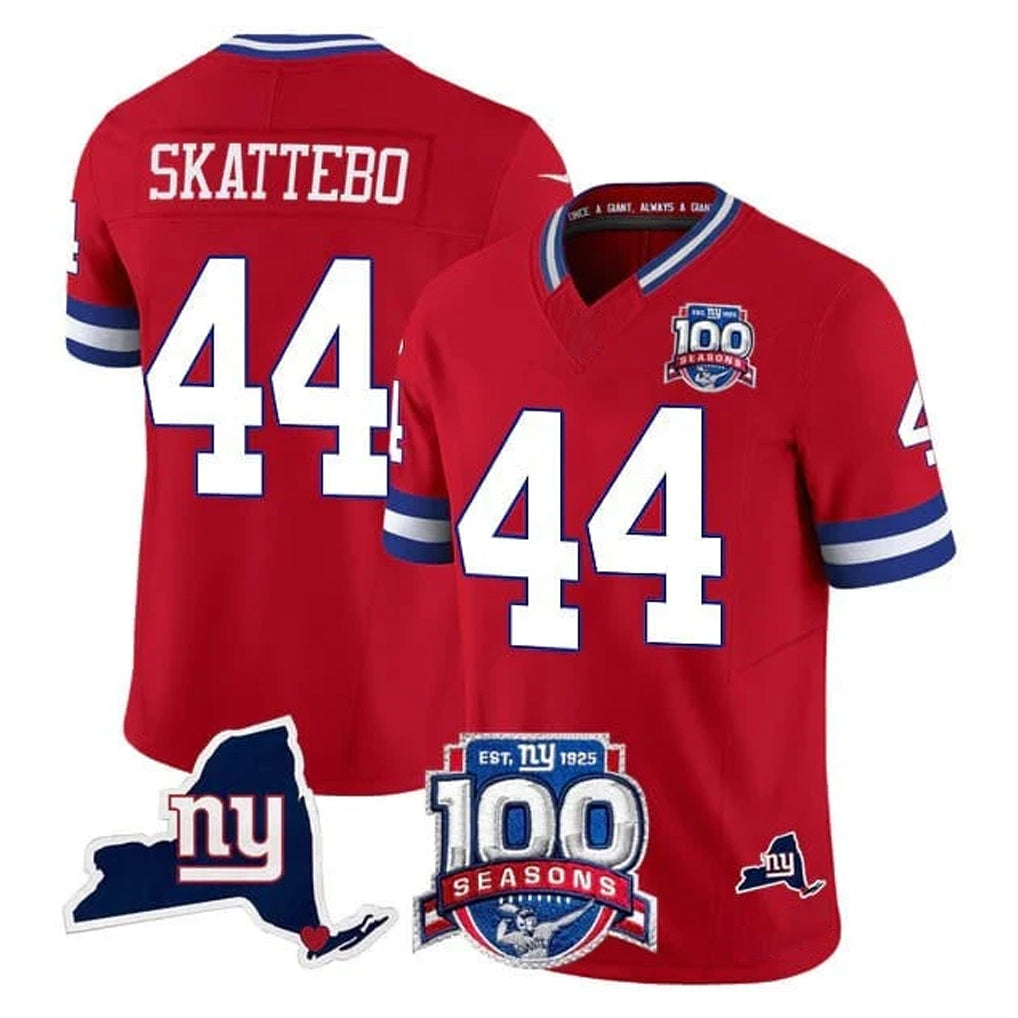 NY.Giants #44 Cam Skattebo Player Red 100th Season & State Patch Vapor Limited Home Game STECN Stitched Jerseys