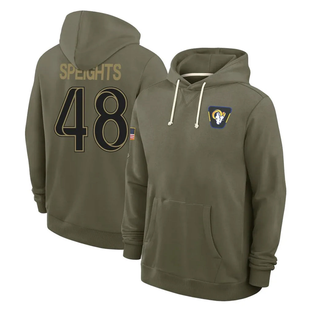 LA.Rams #48 Omar Speights Player Olive Salute to Service Pullover Hoodies Limited STECN Stitched Jerseys