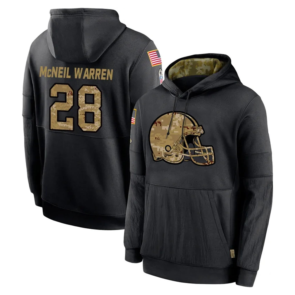 C.Browns #28 Emmanuel McNeil-Warren Player Black Salute to Service Pullover Hoodies Limited STECN Stitched Jerseys