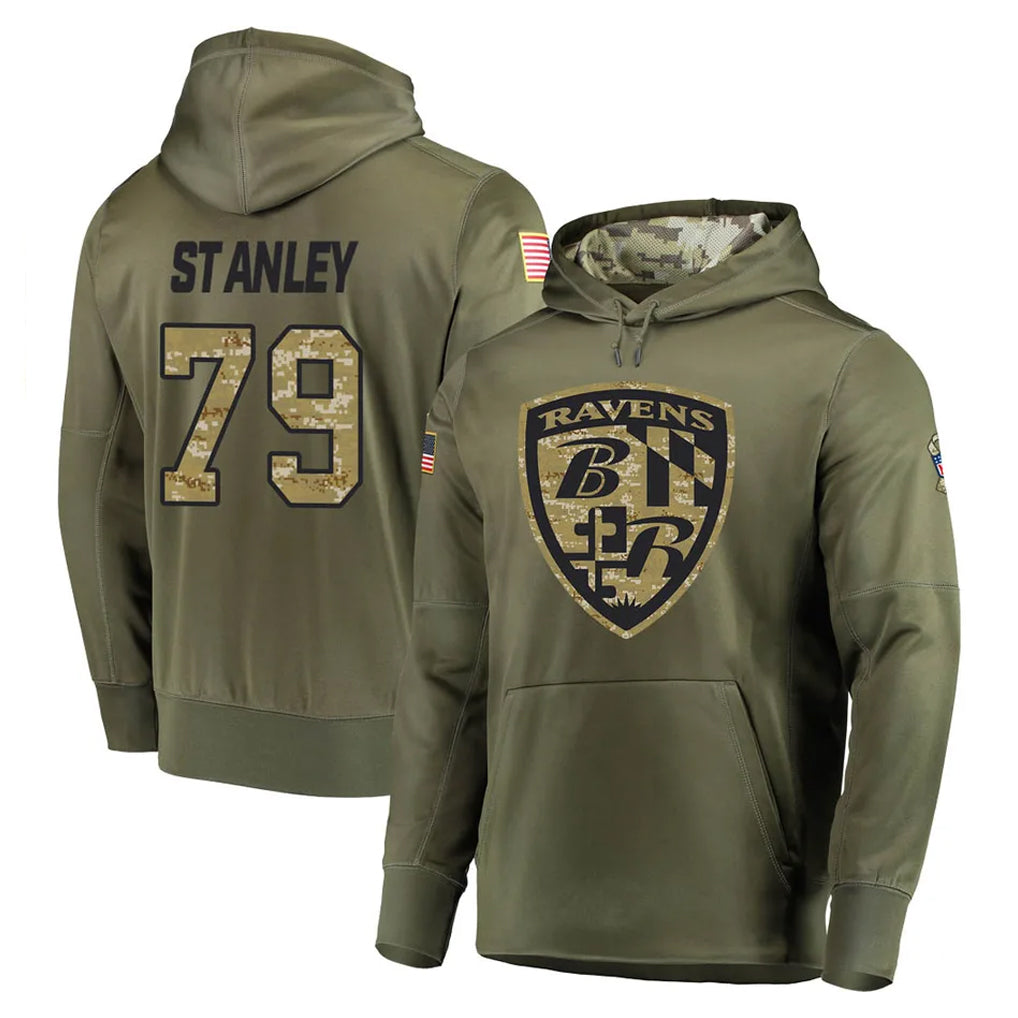 B.Ravens #79 Ronnie Stanley Player Olive Salute to Service Pullover Hoodie STECN Stitched Jerseys